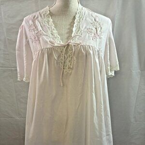 VNTG Windy Rose Nightgown SZ L  Lite Pink Shrt-Sleeve Embroidery/Lace/Tie Front